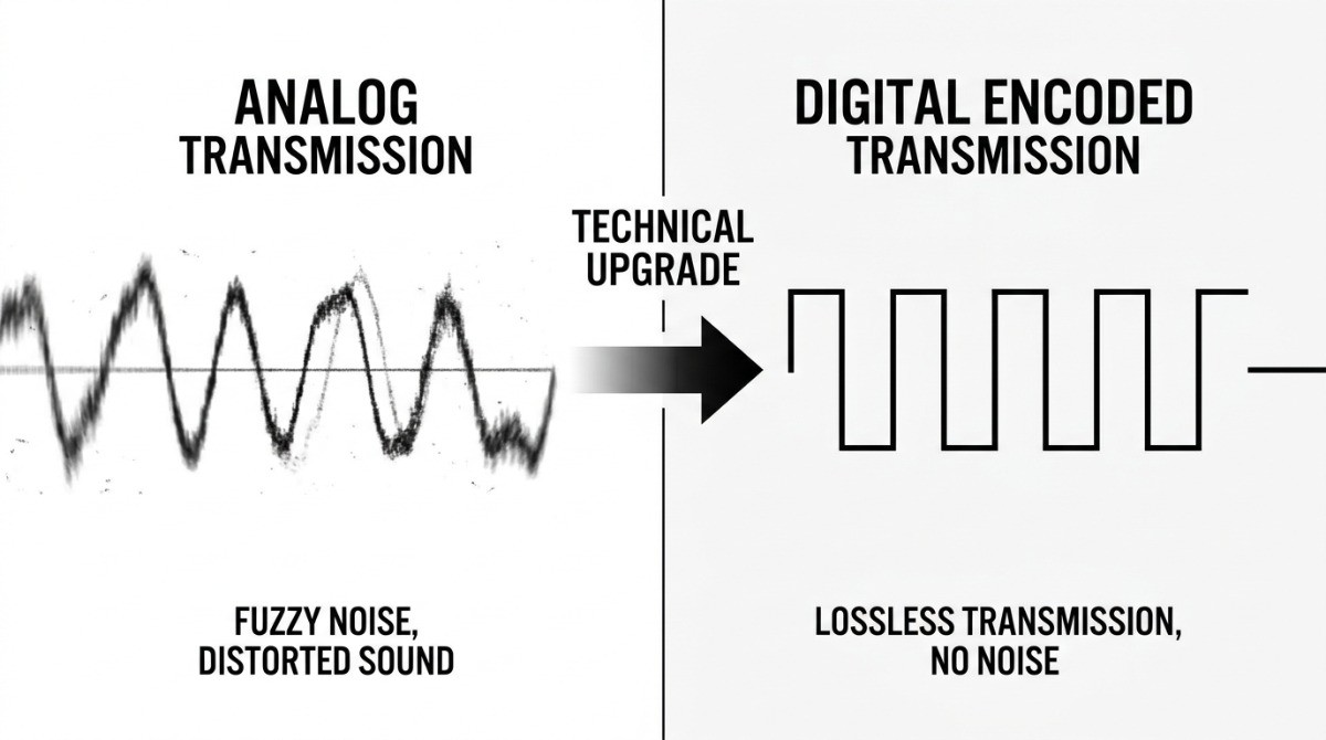 Wireless audio guide digital coded vs analog transmission sound quality noise comparison Wireless audio guide digital coded vs analog transmission sound quality noise comparison
